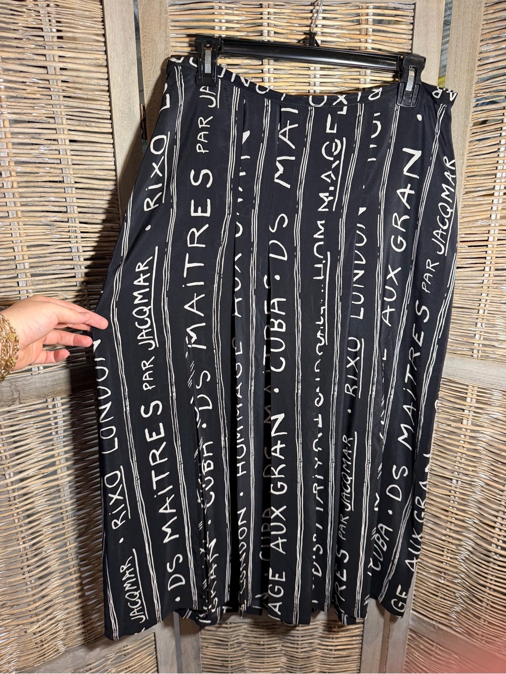 RIXO Black Midi Skirt with White Vertical Script - size Large